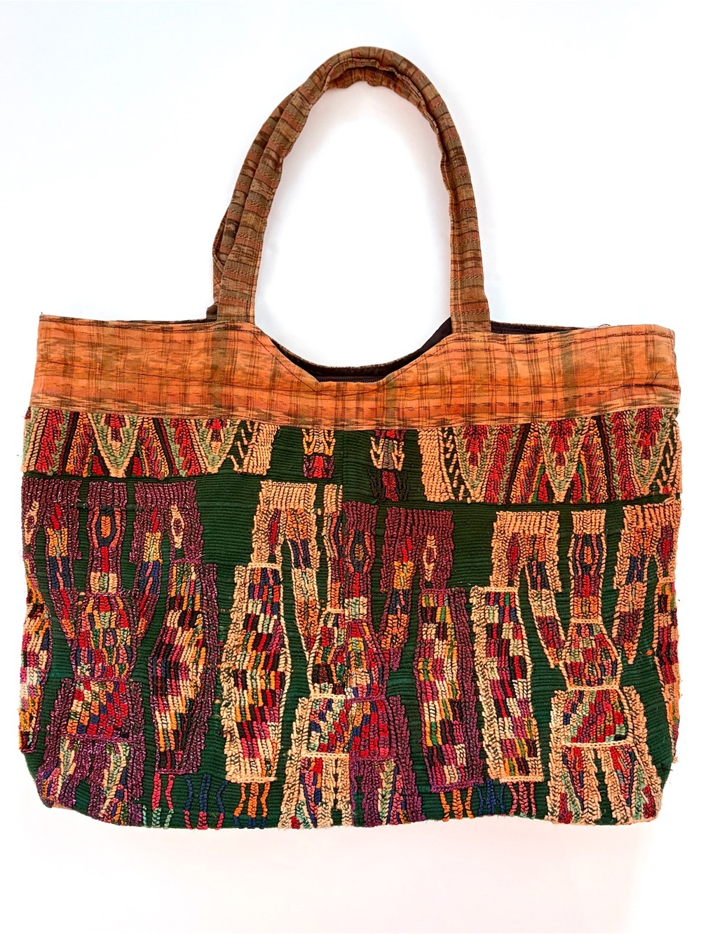 Vintage Guatemala Huipil Plaid Fabric Tote Bag Hand Woven Boho Embroidery Zip